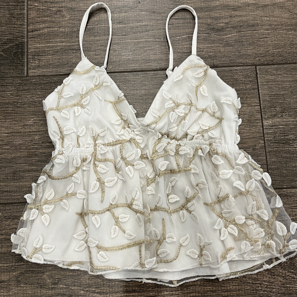 White and Gold Embroidered Babydoll Top